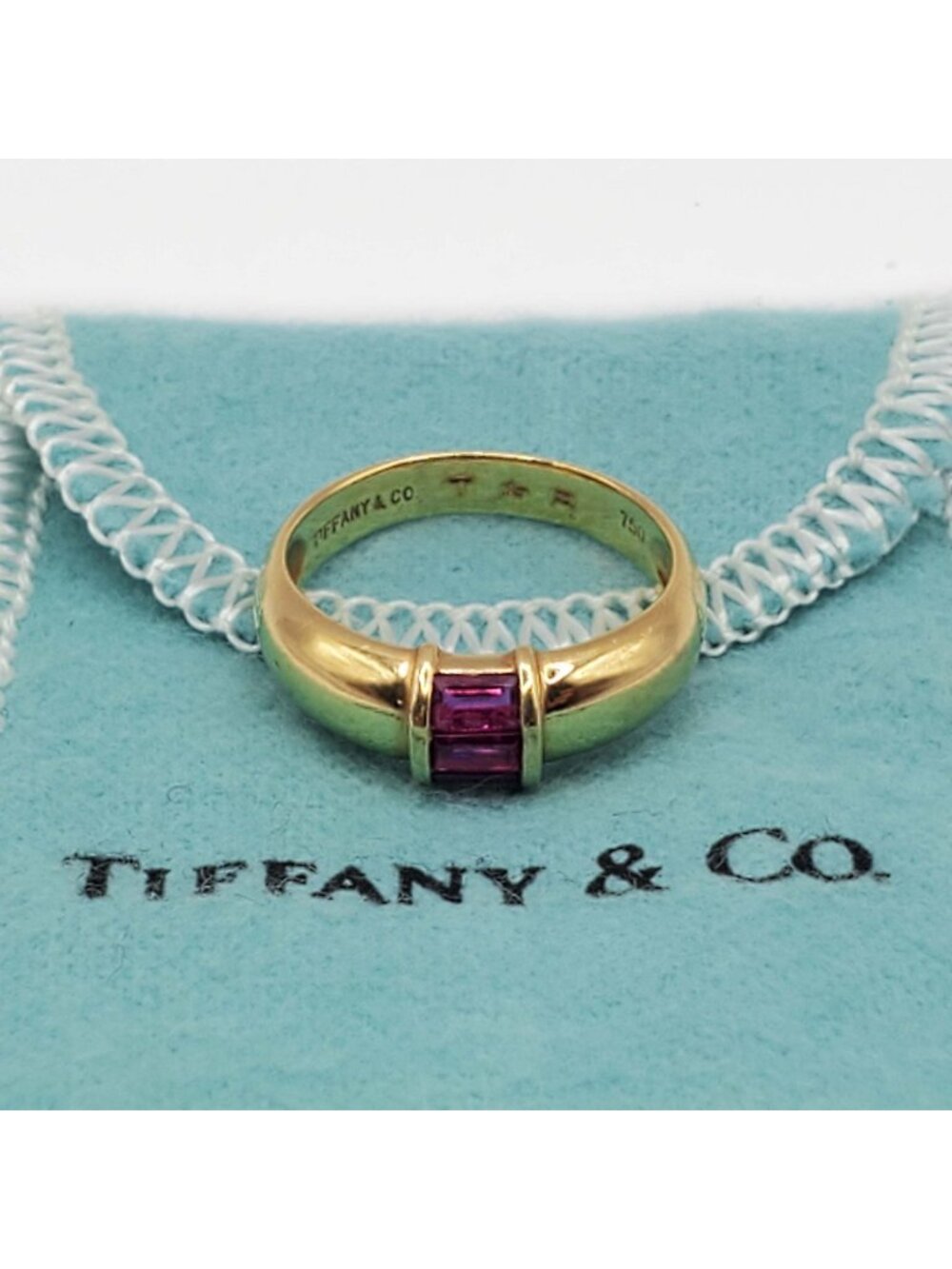 Tiffany & Co 3-Stone Baguette Ruby Ring 18k Gold Size 6.5